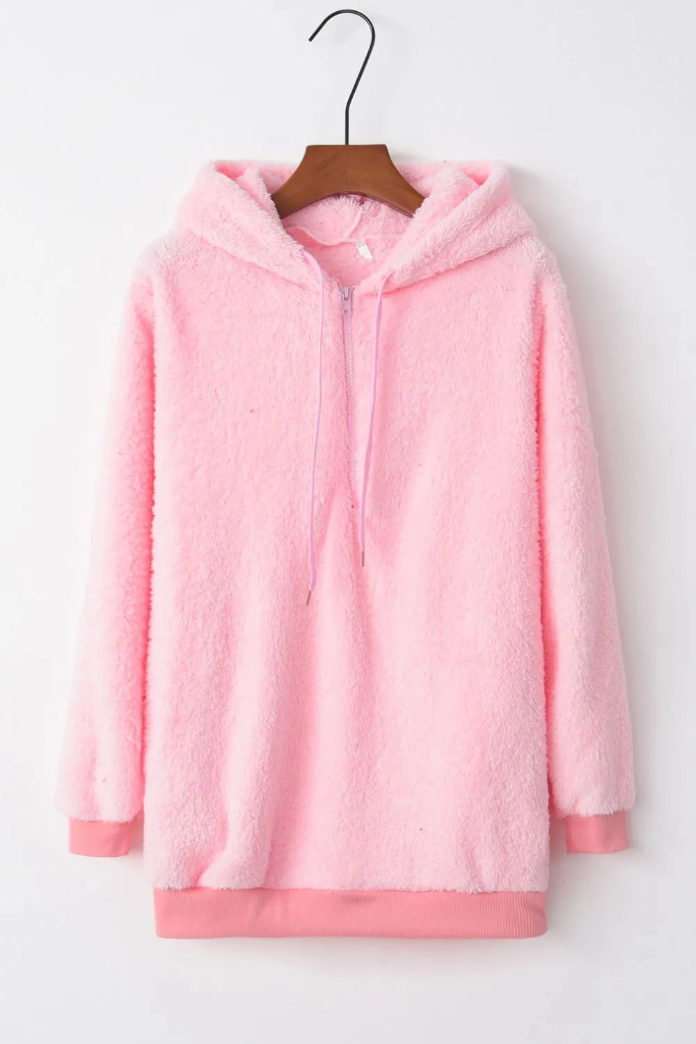 Cozy Full Size Teddy Hoodie with Quarter-Zip and Drawstring in soft pink color, perfect for comfort and style.