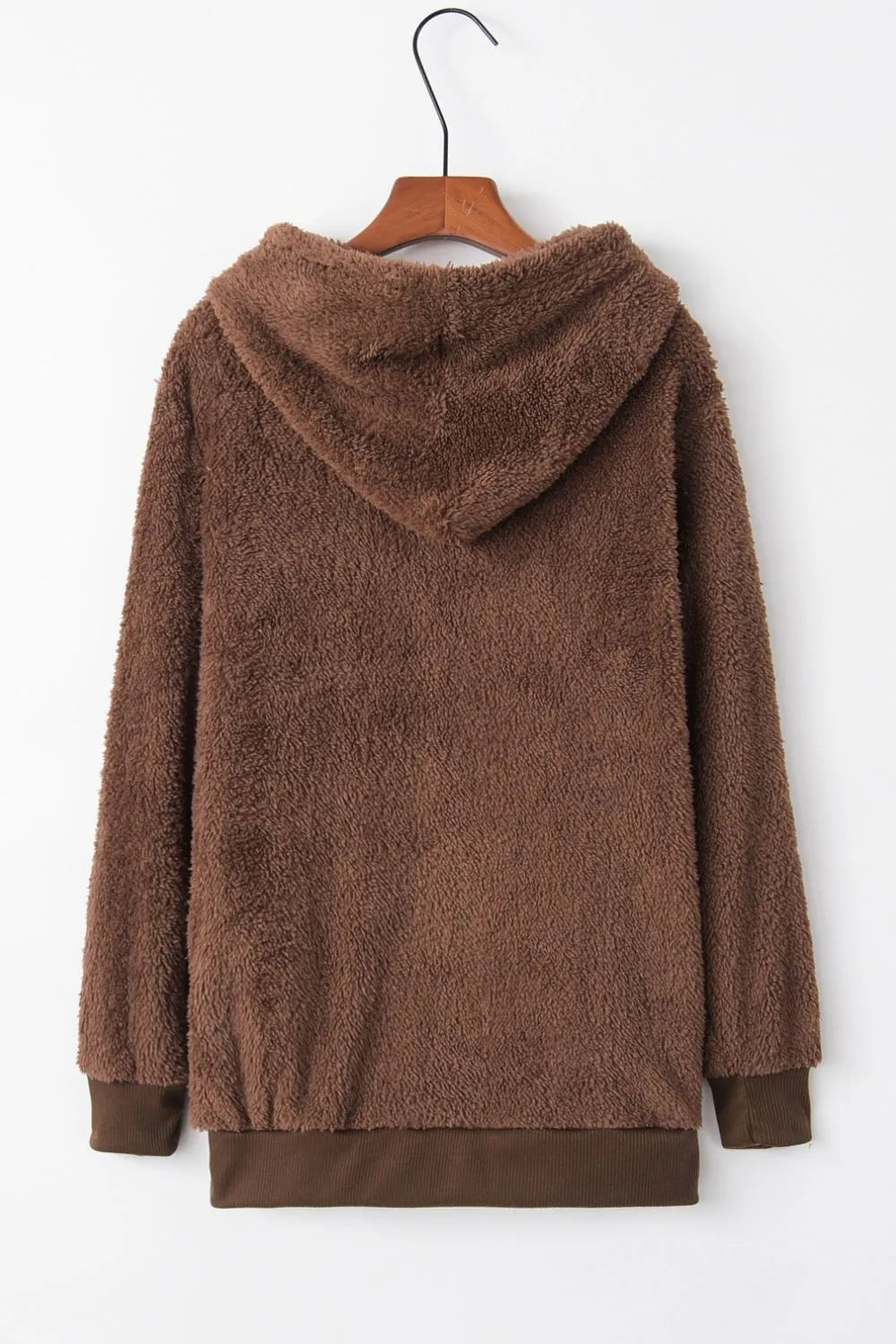 Cozy Full Size Teddy Hoodie with Quarter-Zip and Drawstring in brown, showcasing soft fleece texture and a comfortable design, perfect for casual wear.