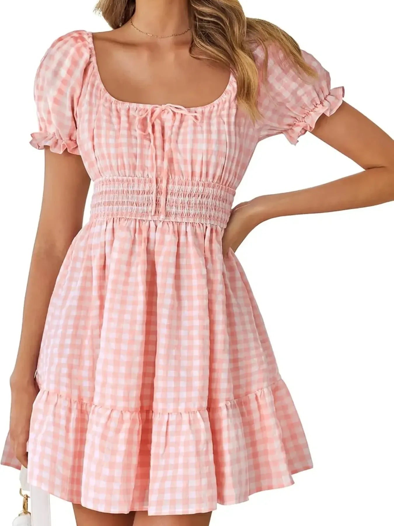 Women's Gingham Puff Sleeve Smocked Dress in pink, featuring a lightweight and stretchy summer style with ruffled puff sleeves.