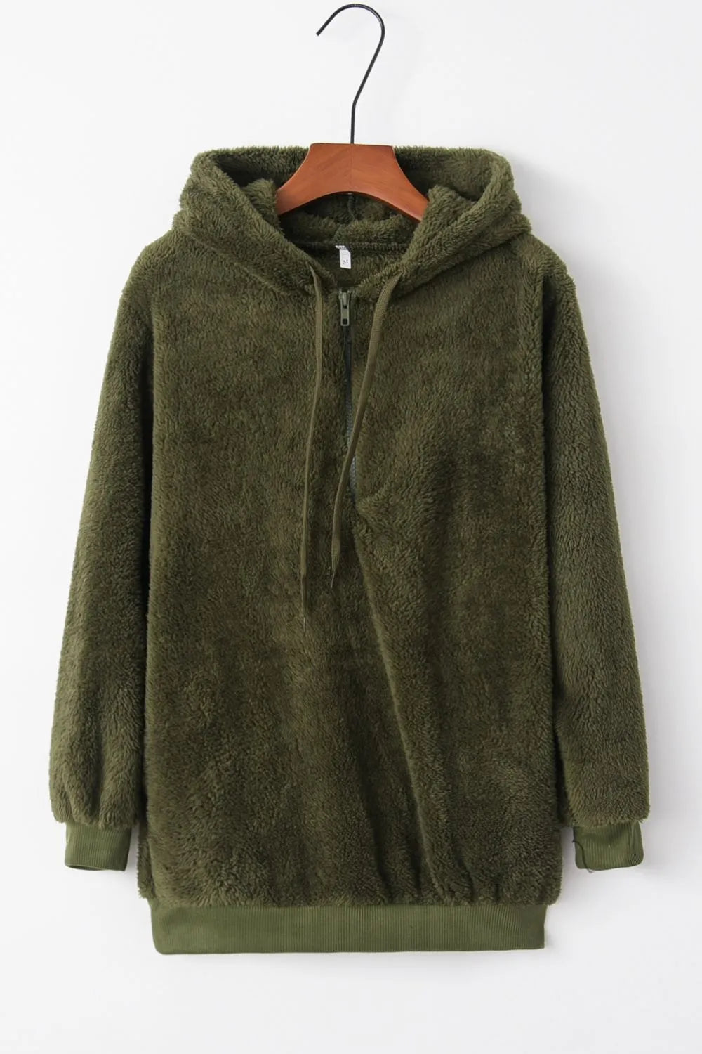 Cozy Full Size Teddy Hoodie with Quarter-Zip and Drawstring shown in olive green color, featuring soft texture and relaxed fit, suitable for everyday comfort.