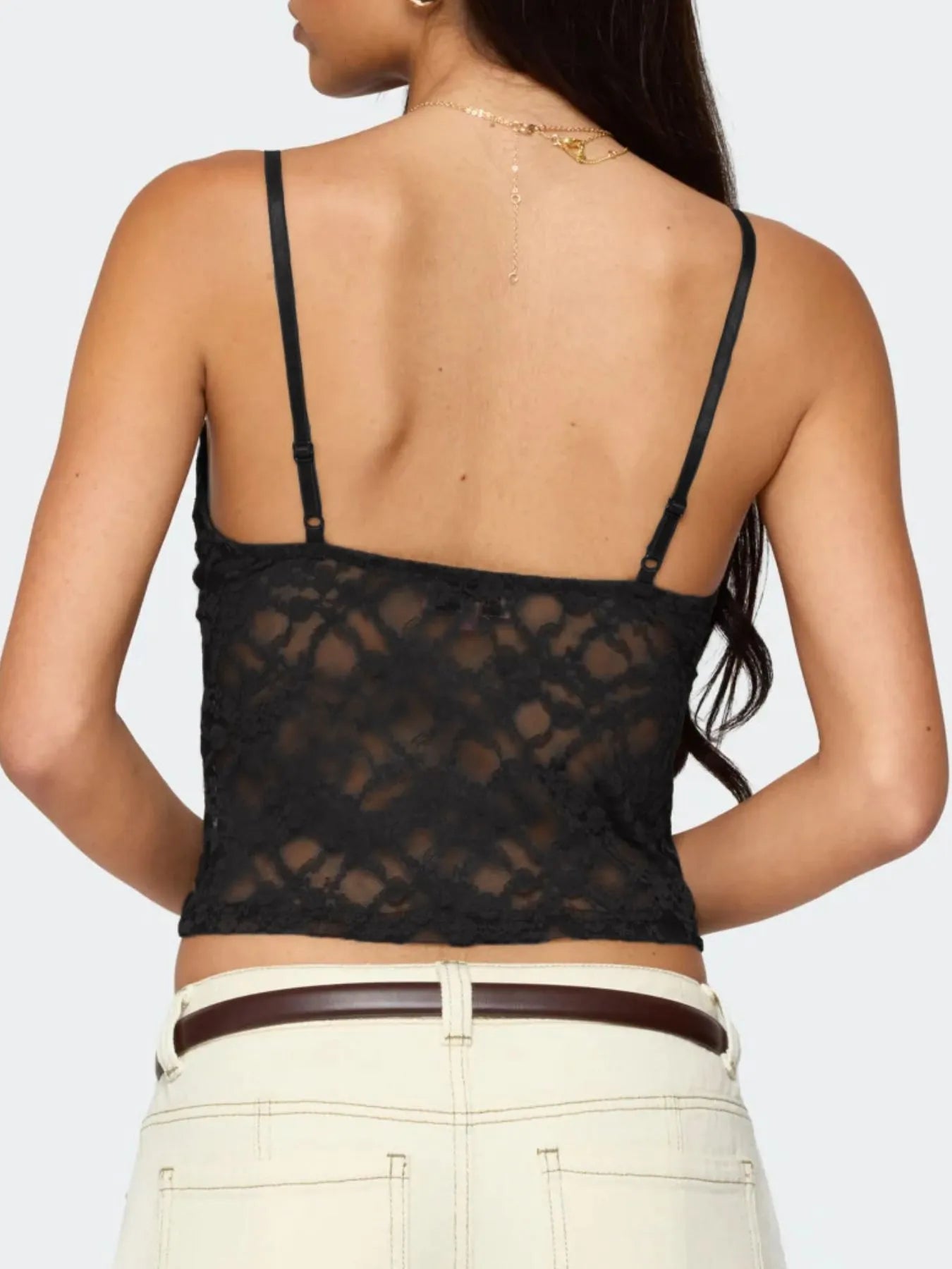 Trendsi Adjustable Lace Cami Top - Sheer Design, Stretchy Fit, Elegant Layering Essential, showcasing a back view with adjustable straps and intricate black lace detailing.