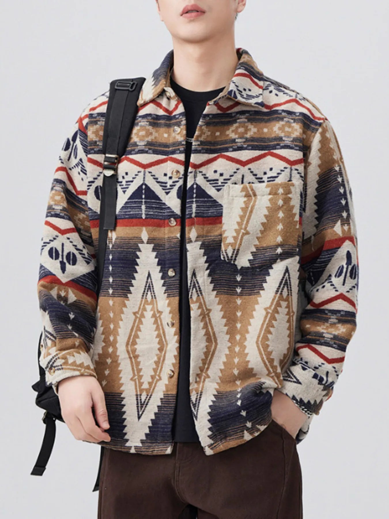 Men's Plus Size Button Down Shirt with Pocket - Oversized, 68% Cotton, No Stretch; showcasing a trendy tribal design, ideal for casual outings.