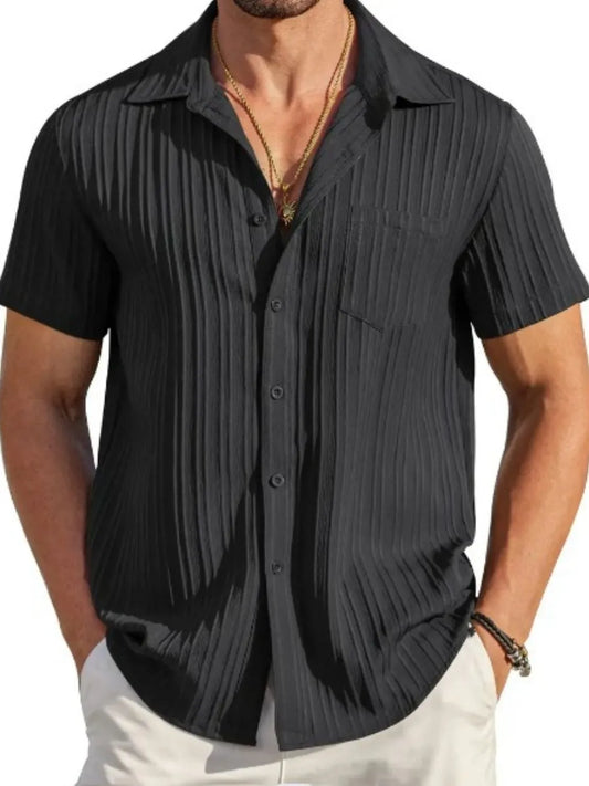 Men's Plus Size Short Sleeve Button-Up Shirt in black, showcasing a modern ribbed pattern, perfect for casual and formal occasions.