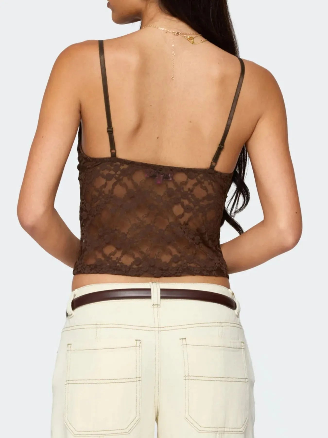 Back view of the Trendsi Adjustable Lace Cami Top highlighting the delicate lace fabric and adjustable straps for comfort and style.