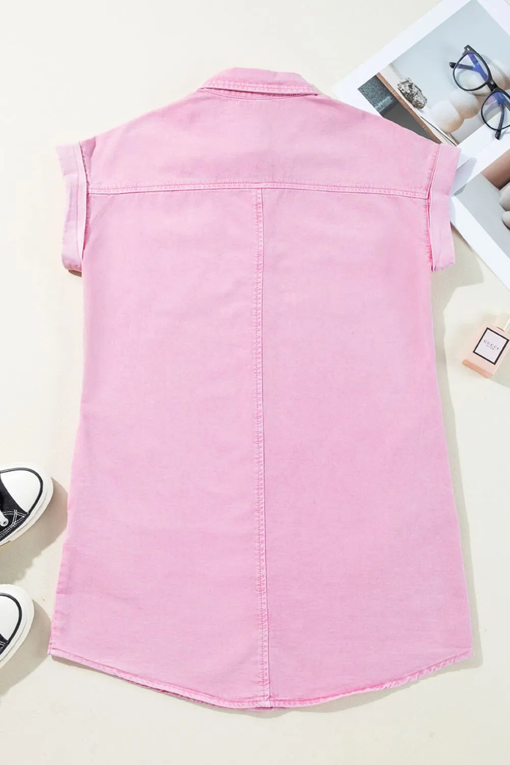 Back view of a Button Down Short Sleeve Denim Dress with Pockets, showcasing its classic fit and stylish cotton fabric.