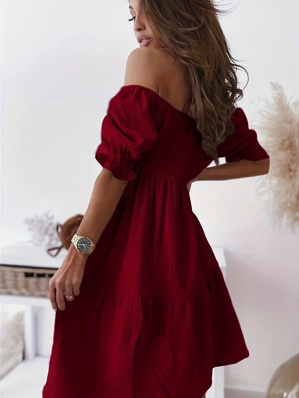 Full Size Ruffled Off-Shoulder Dress with Short Sleeves - Stretchy, Chic & Ruched Design in deep red, highlighting the back view of a model.