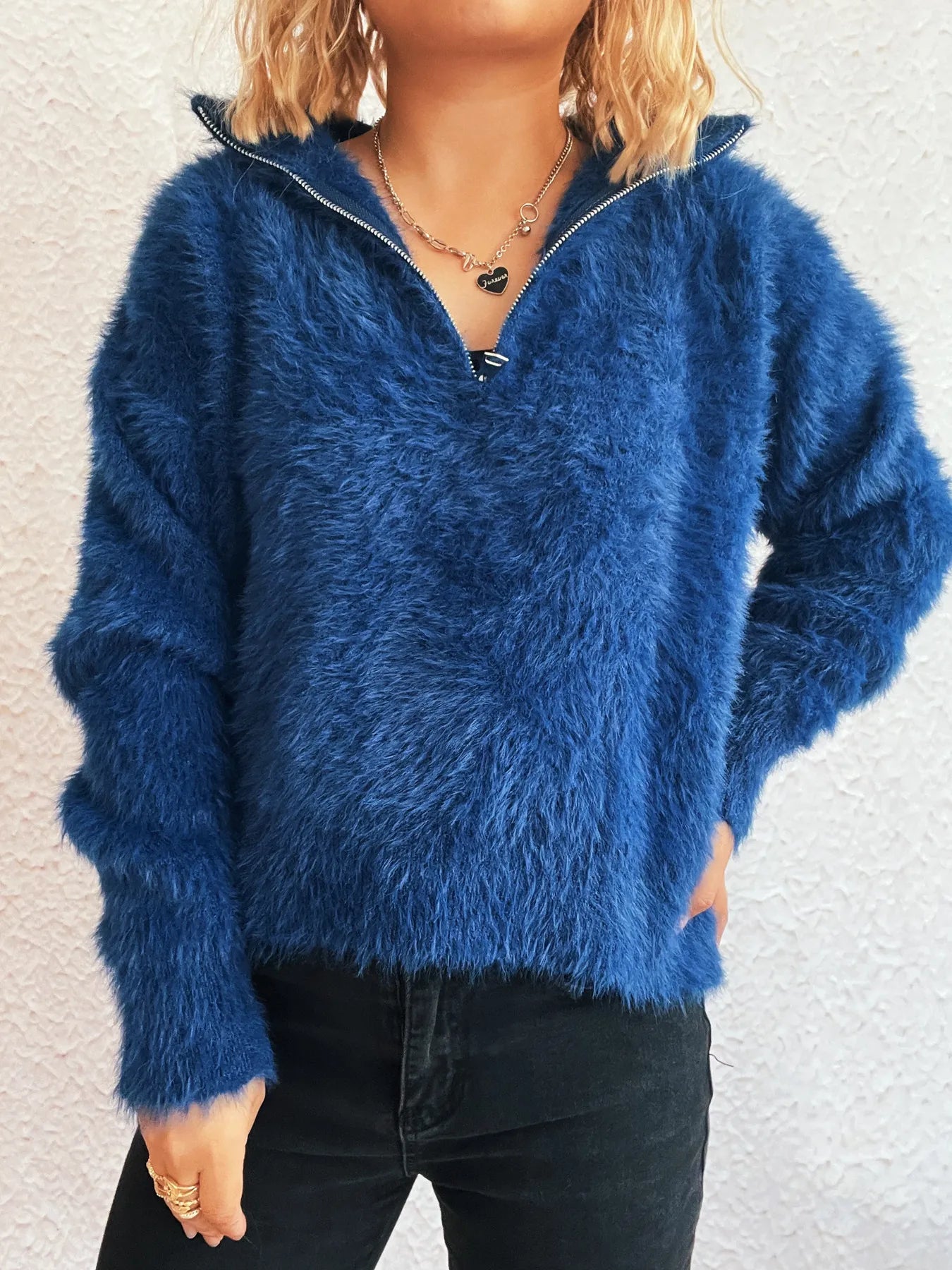 Front view of the blue Cozy Fuzzy Half-Zip Sweater for Women, highlighting its plush material and half-zip feature, perfect for stylish comfort.