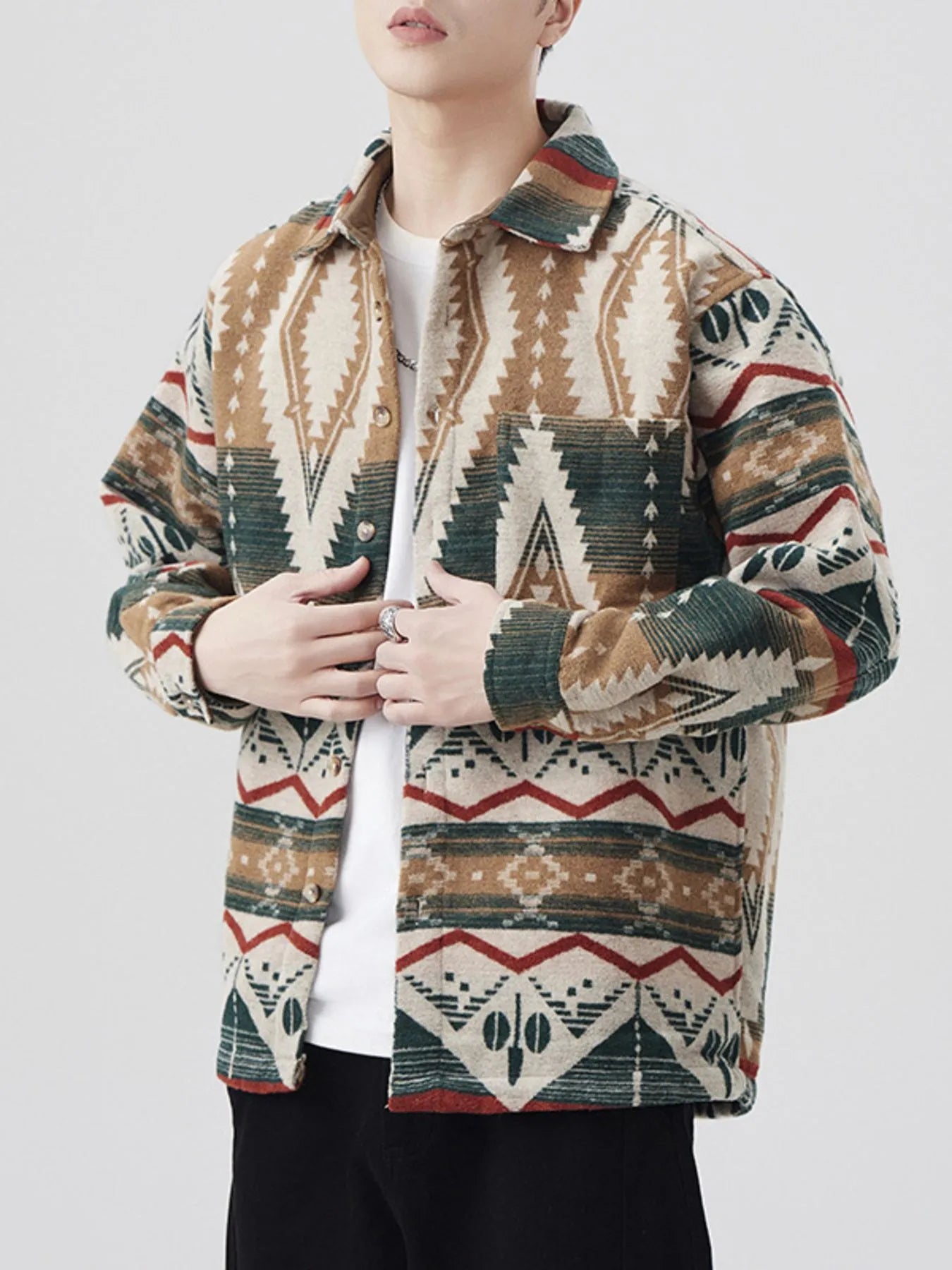 Men's Plus Size Button Down Shirt with Pocket - Oversized, 68% Cotton, No Stretch; showcasing a vibrant tribal design in earthy tones for a stylish look.