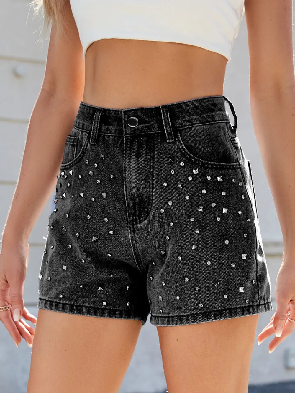Front view of the Rhinestone Washed High Waist Denim Shorts showing off the stylish rhinestone embellishments, great for elevating casual summer looks.
