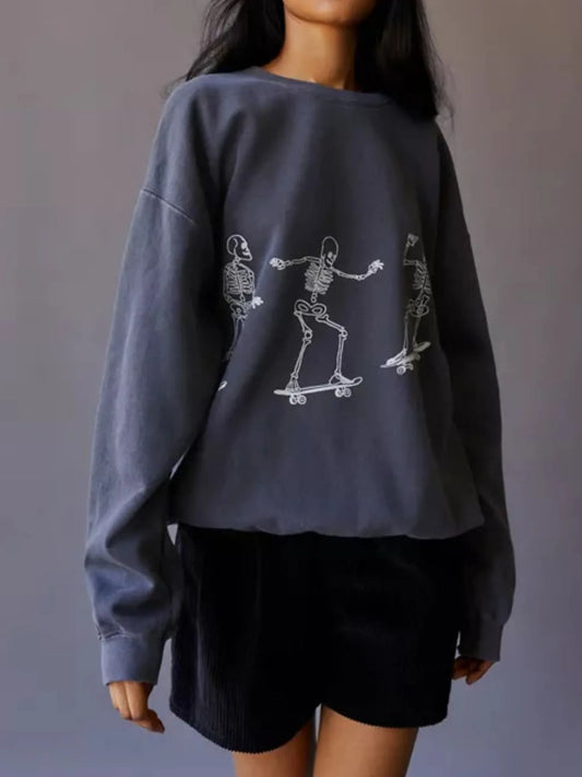 Trendy Oversized Skeleton Graphic Sweatshirt for Women showcasing a unique skeleton skating design, crafted from 100% polyester, slightly stretchy for comfort.