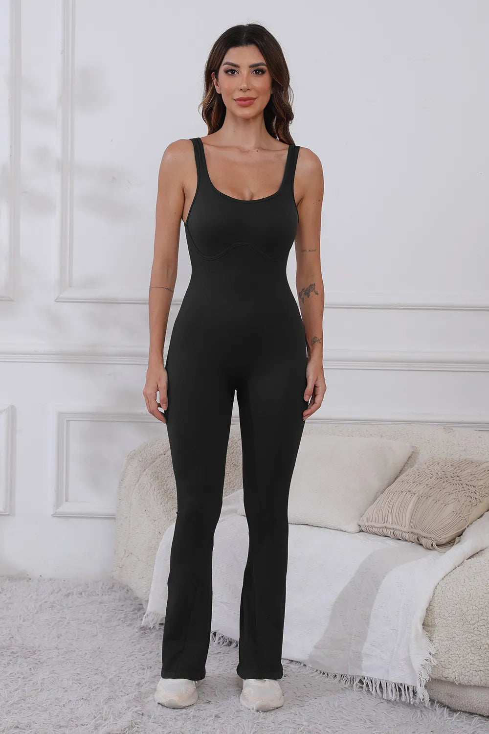 Front view of the black Scoop Neck Wide Strap Active Jumpsuit with Moderate Stretch, designed for comfort and athleticism.
