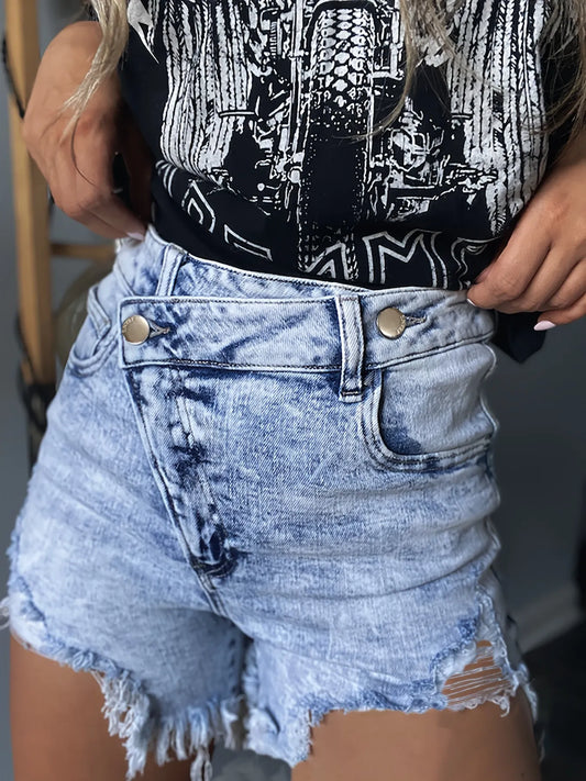 High Waisted Distressed Denim Shorts for Women, Slightly Stretchy with Frayed Hem showcased in a stylish outfit, emphasizing the distressed details and perfect fit.