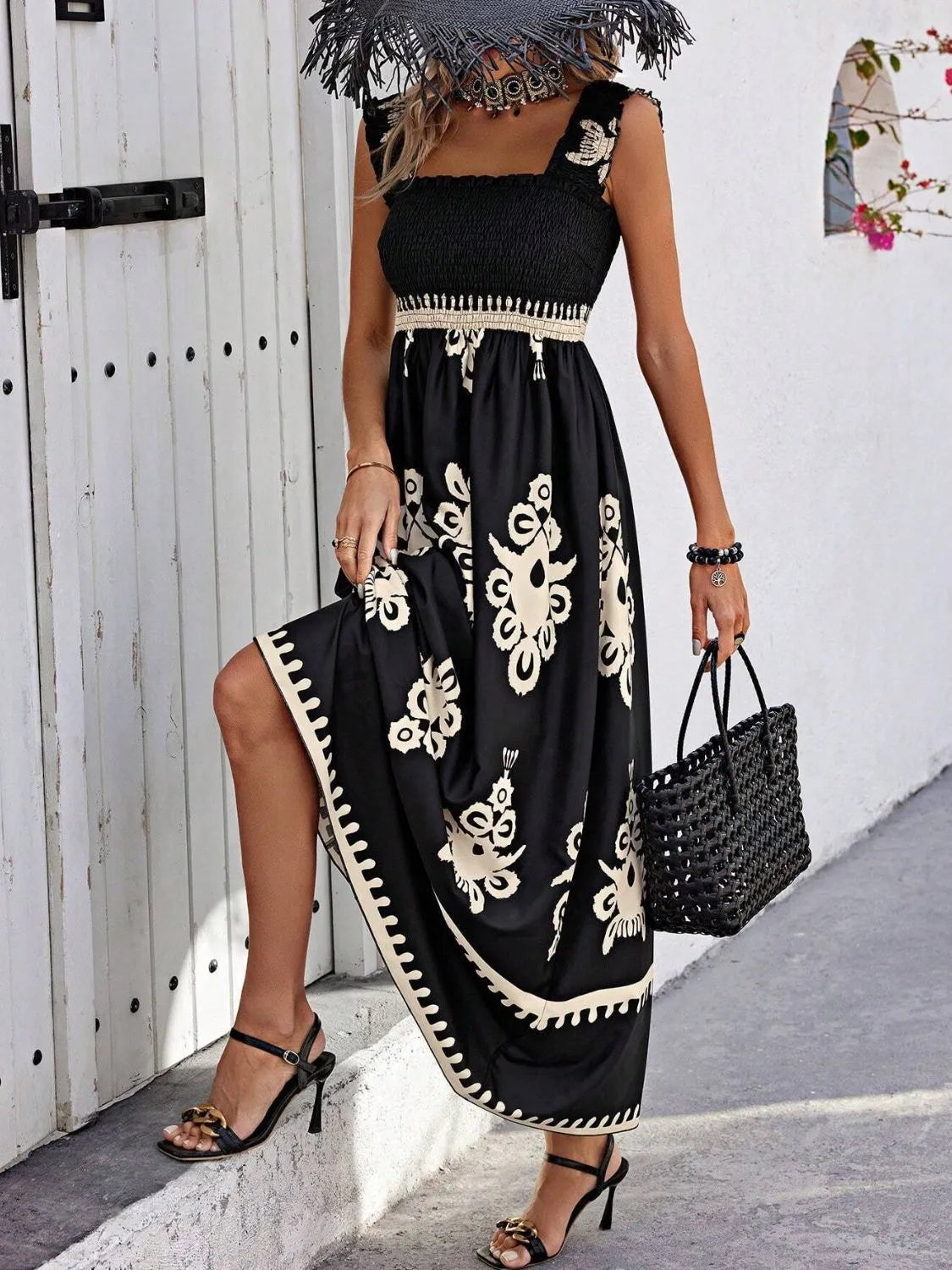 Trendsi Smocked Printed Maxi Dress with Wide Straps elegantly displayed by a model, highlighting the unique max length and exquisite print design against a clean backdrop.