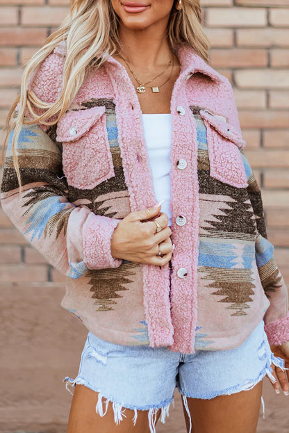 Trendsi Button Up Long Sleeve Jacket in pink and brown patterns, featuring a cozy fleece-like texture, styled with denim shorts.