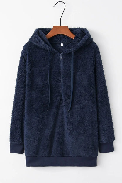 Cozy Full Size Teddy Hoodie with Quarter-Zip and Drawstring in navy blue, highlighting its plush fabric and stylish design for ultimate comfort.