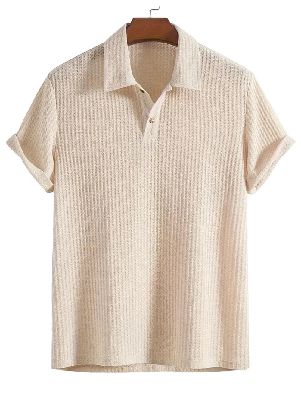 Men's Short Sleeve Polo Shirt with Waffle-Knit Texture in Beige, Collared Neck, 100% Polyester, A Great Addition to Your Wardrobe.
