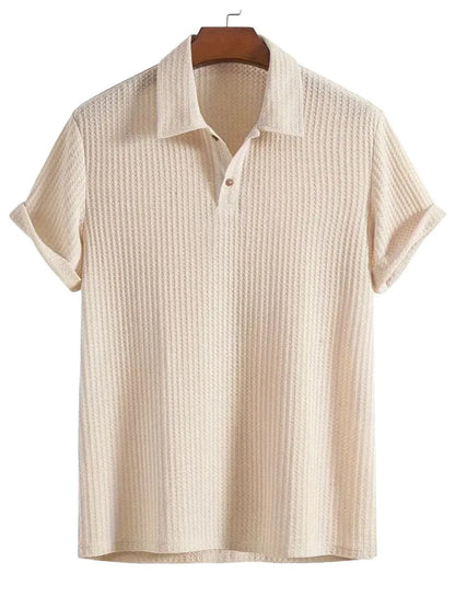 Men's Short Sleeve Polo Shirt with Waffle-Knit Texture in Beige, Collared Neck, 100% Polyester, A Great Addition to Your Wardrobe.