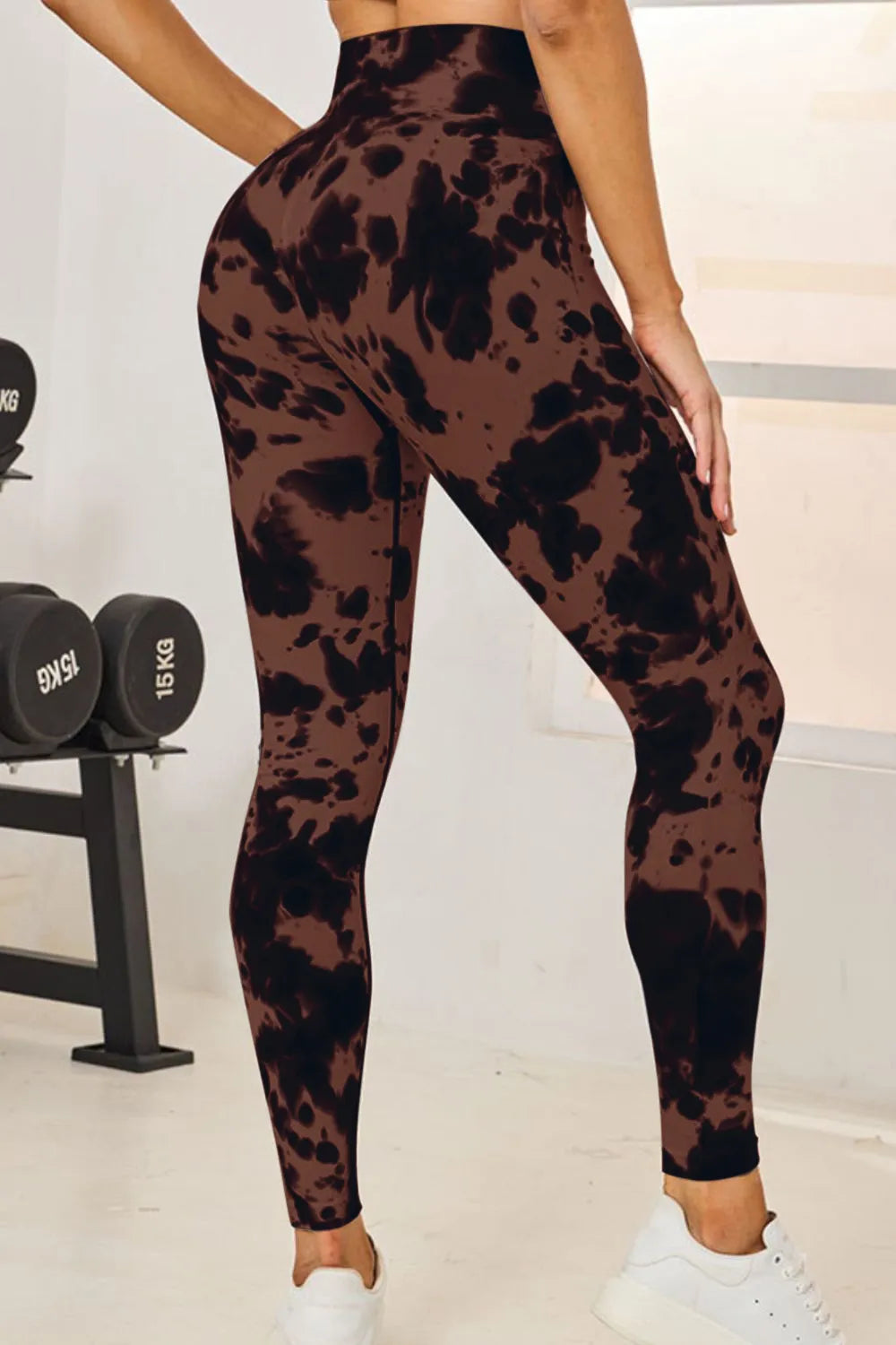 Back view of Slightly Stretchy Tie-Dye High Waist Active Leggings in brown and black, featuring a model in activewear, ideal for fitness enthusiasts.