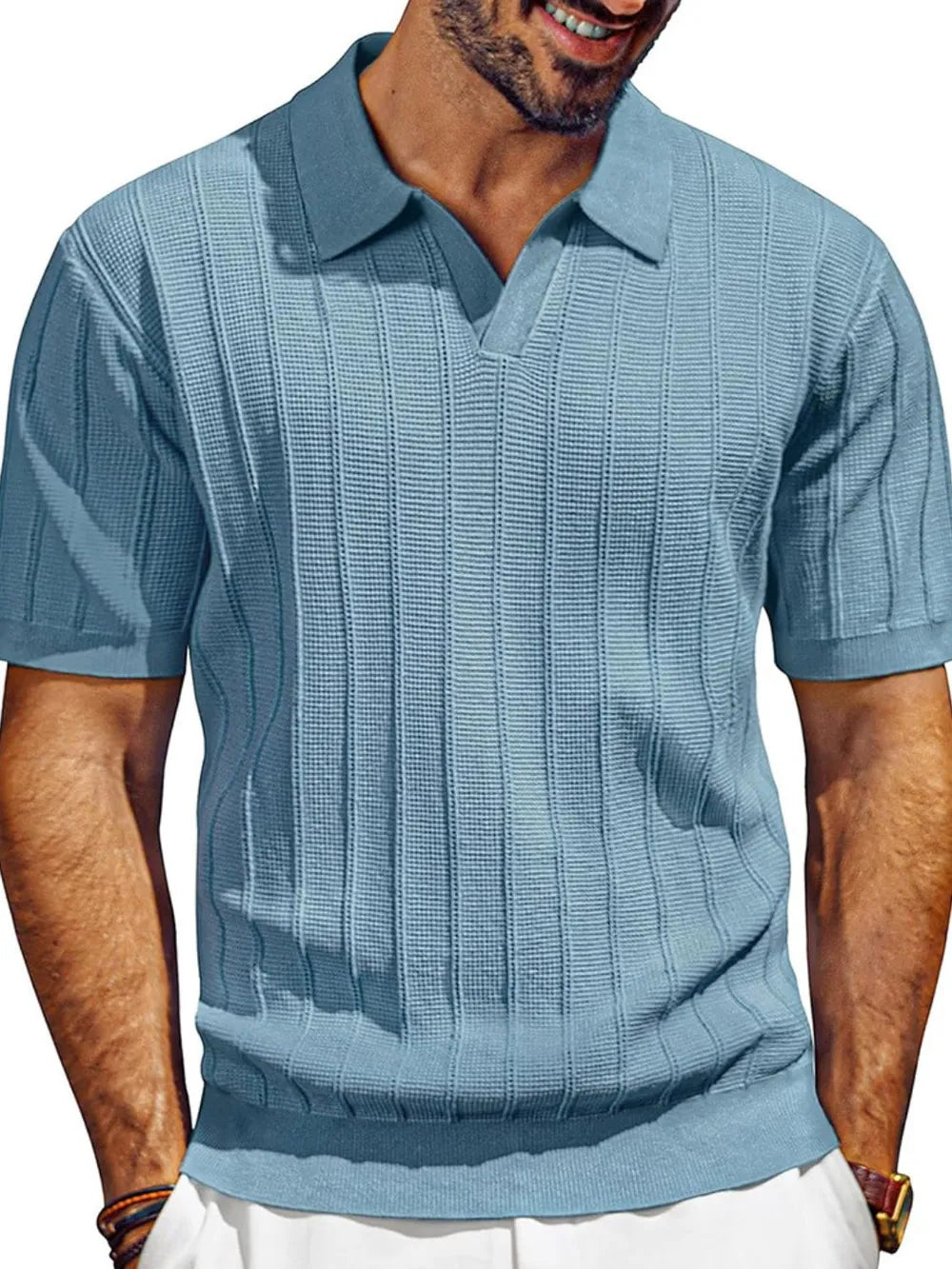 Men's Plus Size Short Sleeve Polo with Textured Collared Neck in light blue - 100% Polyester, Slightly Stretchy, ideal for summer wear and versatile styling.