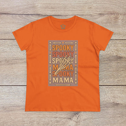 Spooky Mama Tee in orange - Soft and comfortable cotton fabric with a vibrant Halloween design stating 'Spooky Mama'. Great for celebrating the spooky season.