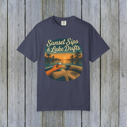Lake Drifts T-Shirt in navy blue featuring sunset sips artwork, suitable for relaxed gatherings.