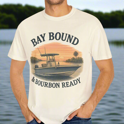 Boating T-Shirt For Summer showcasing Bay Bound design - Soft Cotton Casual Tee ideal for Fishing & Beach Lovers, modeled by a person against a scenic water background.