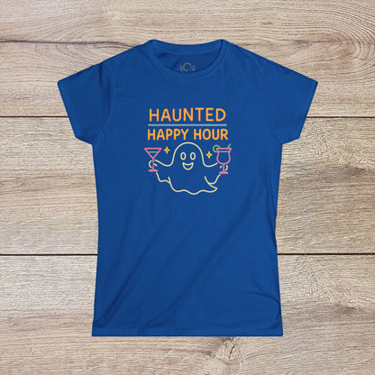 Haunted Happy Hour T-Shirt in bright blue, featuring a lively ghost and cocktail design, ideal for spirited Halloween parties and eco-conscious dressers.