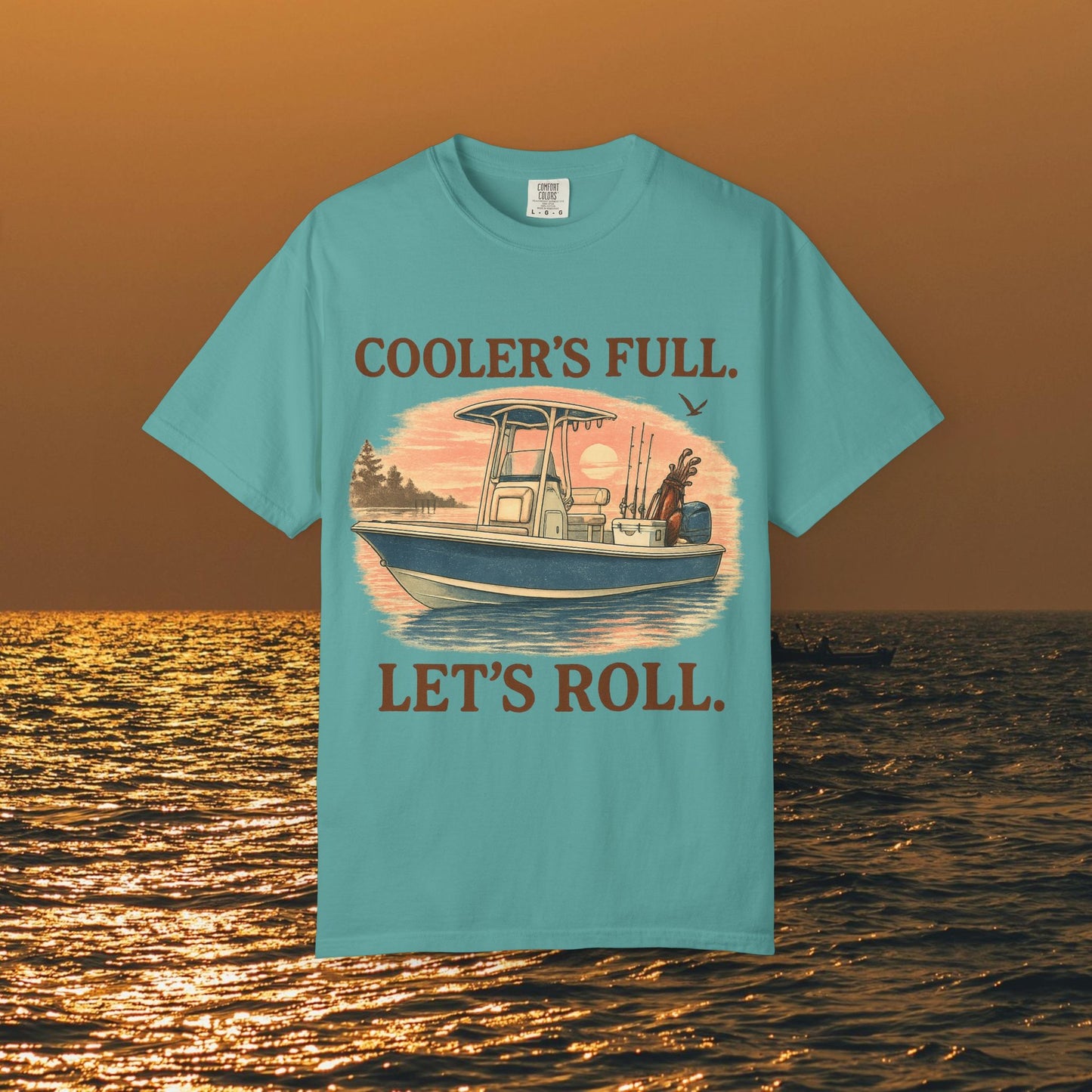 Men's & Women's Durable Cotton Full Tee with 'Cooler's Full. Let's Roll.' print, in teal color, ideal for summer fun and beach trips.