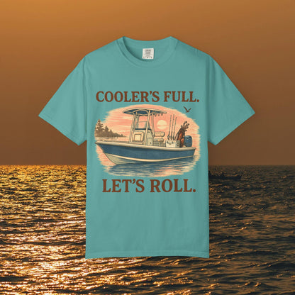 Men's & Women's Durable Cotton Full Tee with 'Cooler's Full. Let's Roll.' print, in teal color, ideal for summer fun and beach trips.