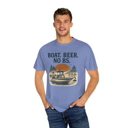 Boat Beer No BS Tee worn by a man in a light blue shade, featuring a boat graphic against a sunset backdrop, a must-have for outdoor enthusiasts.