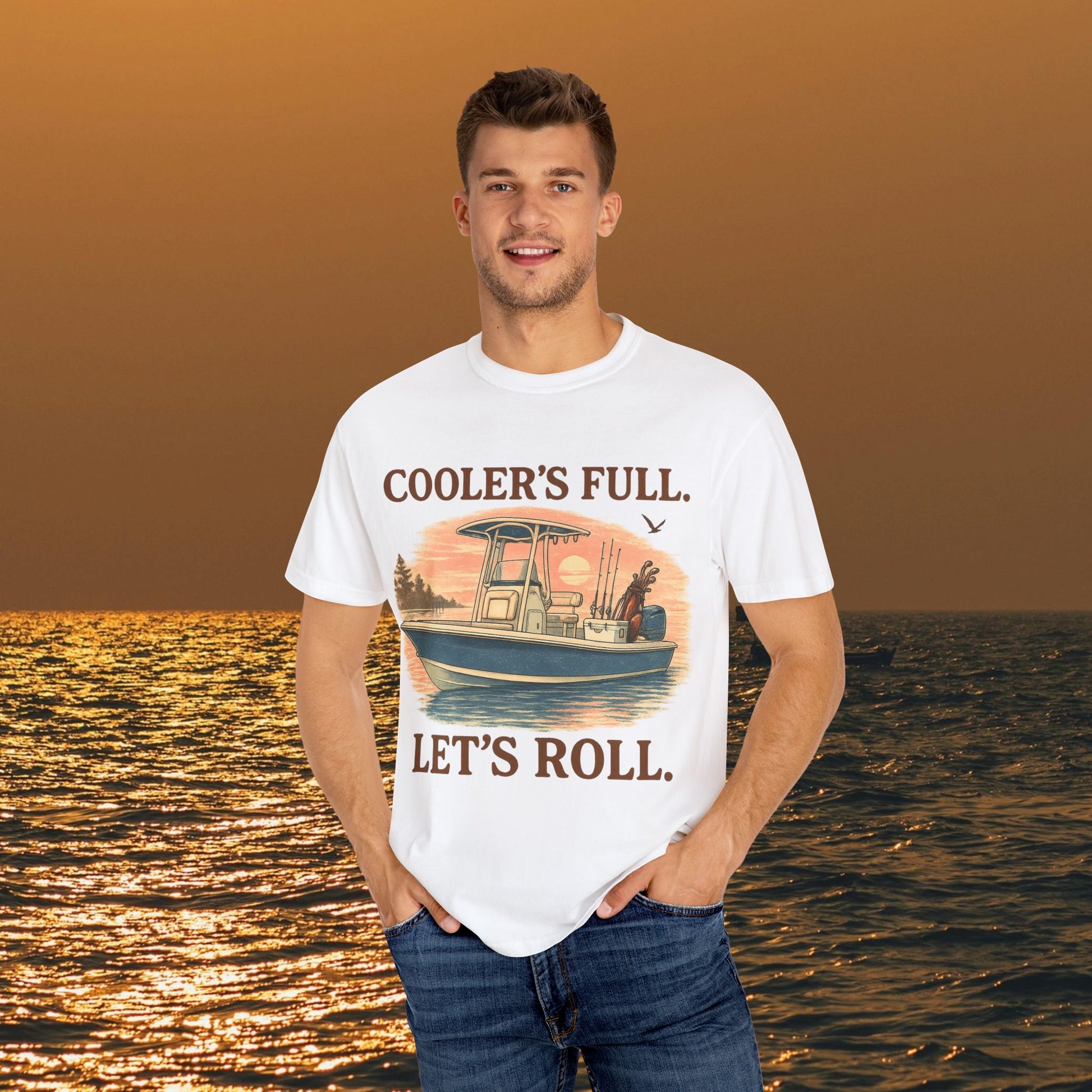 Men's & Women's Durable Cotton Full Tee in white worn by a model, featuring the phrase 'COOLER'S FULL. LET'S ROLL.' against a vibrant sunset ocean scene, available in sizes S to 4XL.