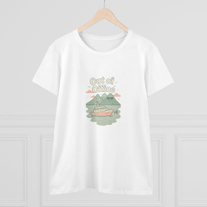 Display of the Out Of Office Cruise Tee on a hanger, featuring its unique boat graphic and mountain backdrop, perfect for warm weather outings.