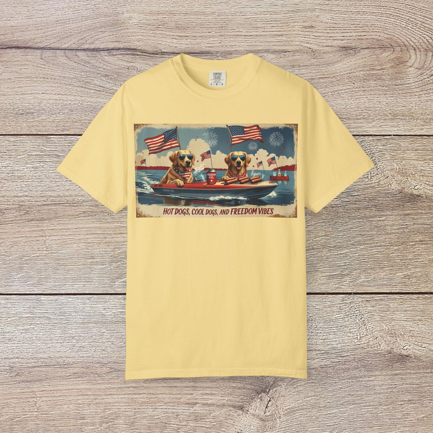 Men's Golden Tee: Comfortable Cotton T-Shirt with Ribbed Collar, featuring a yellow background with fun graphics of dogs in a boat with flags, perfect for summer vibes.