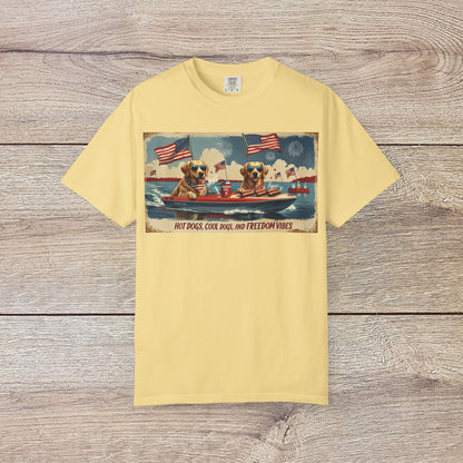 Men's Golden Tee: Comfortable Cotton T-Shirt with Ribbed Collar, featuring a yellow background with fun graphics of dogs in a boat with flags, perfect for summer vibes.
