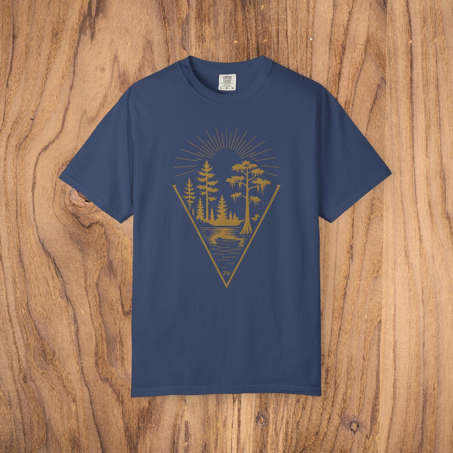 Nature Outdoor Vibes Tee in navy blue, presenting a stylish nature motif and durable, ethically sourced 100% US cotton construction.