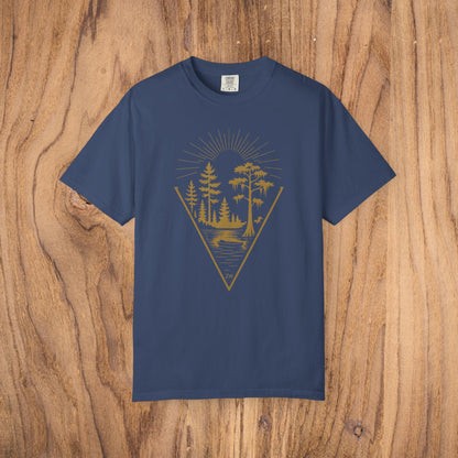 Nature Outdoor Vibes Tee in navy blue, presenting a stylish nature motif and durable, ethically sourced 100% US cotton construction.