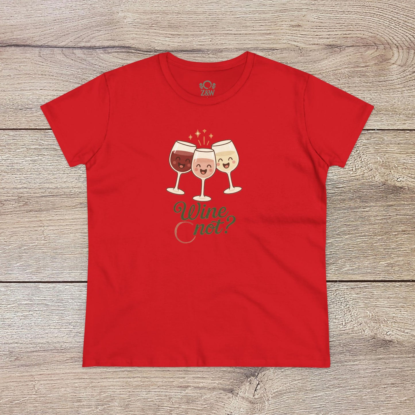 Wine Not Tee featuring playful wine glasses design on a vibrant red background, showcasing a festive theme perfect for wine lovers.