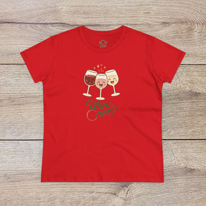 Wine Not Tee featuring playful wine glasses design on a vibrant red background, showcasing a festive theme perfect for wine lovers.