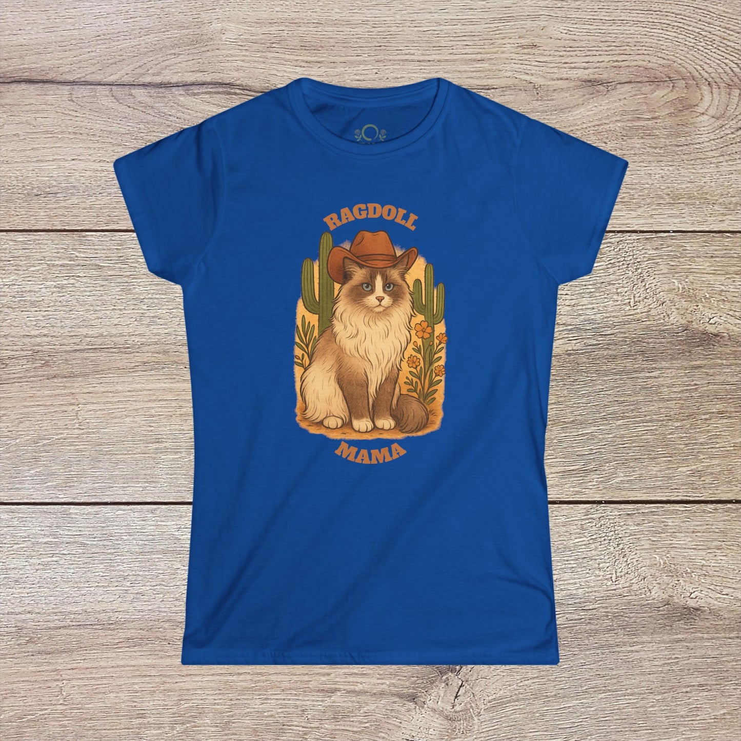 Ragdoll Mama T-Shirt in vibrant blue, featuring a charming illustration of a Ragdoll cat with a cowboy hat and cacti. Perfect unisex cotton tee for cat lovers.
