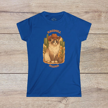 Ragdoll Mama T-Shirt in vibrant blue, featuring a charming illustration of a Ragdoll cat with a cowboy hat and cacti. Perfect unisex cotton tee for cat lovers.