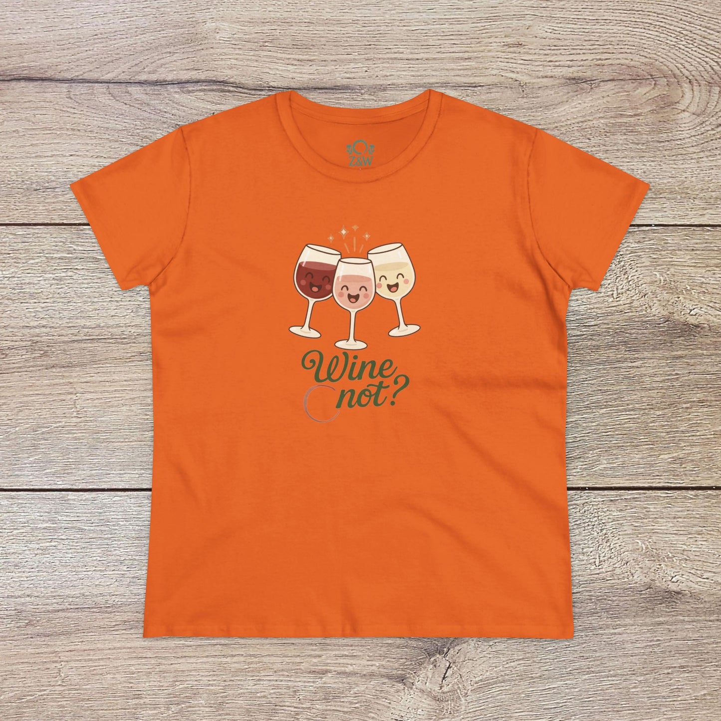 Wine Not Tee in bright orange, featuring delightful wine glasses art, an ideal choice for expressive wine aficionados.