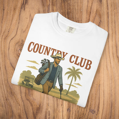 Country Club Cowboy Graphic Tee in white, featuring a unique graphic of a dapper man with golf accessories, perfect for outdoor and casual activities.