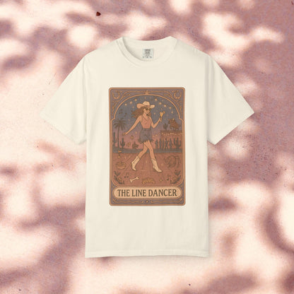 Line Dancer Tarot Tee in cream, highlighting a delightful line dancer print, designed for relaxed style, made of soft cotton, offered in sizes S-4XL, ethically sourced.