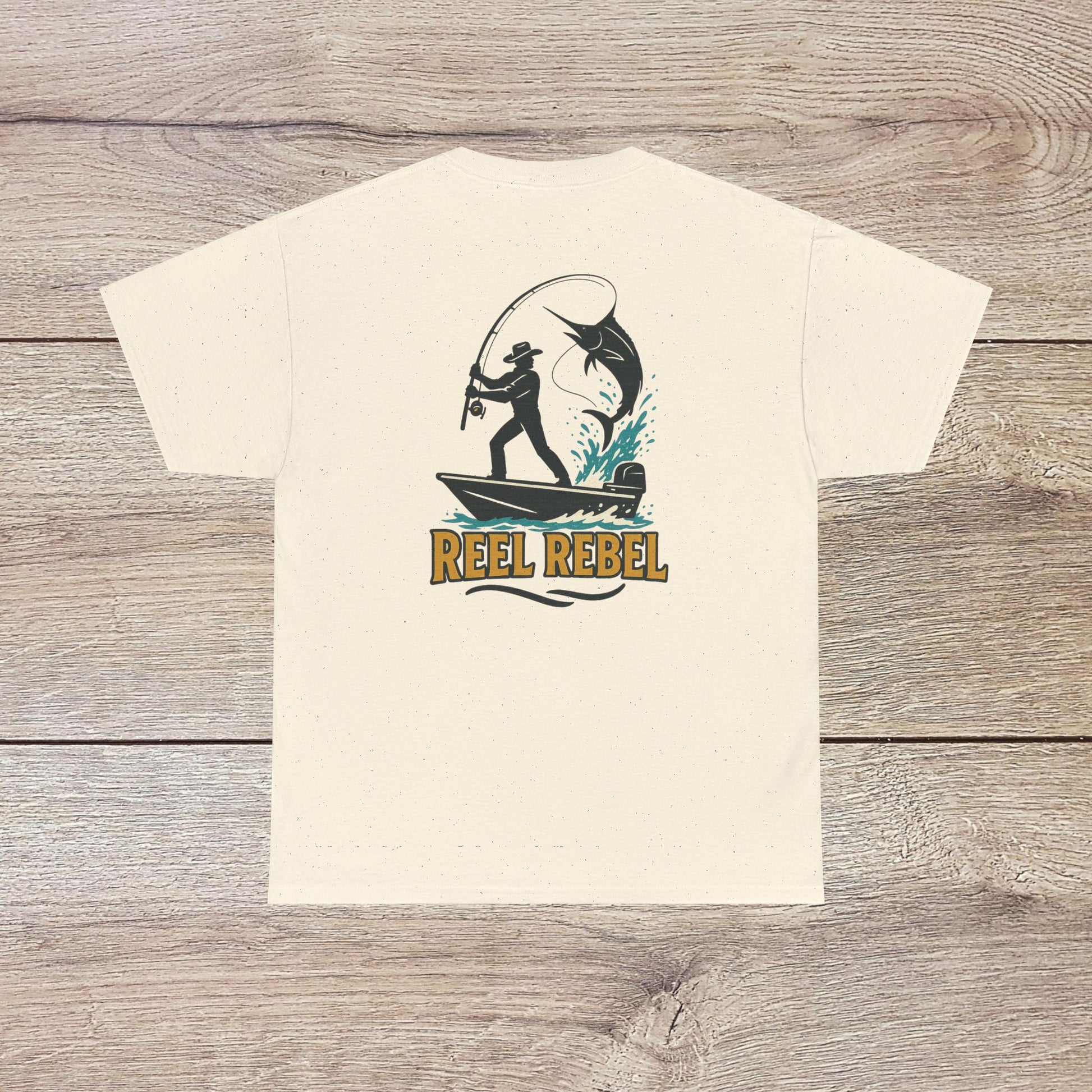 Fishing Adventure Tee in natural color featuring unique 'REEL REBEL' design. Ideal unisex heavy cotton shirt for fishing and outdoor adventurers.