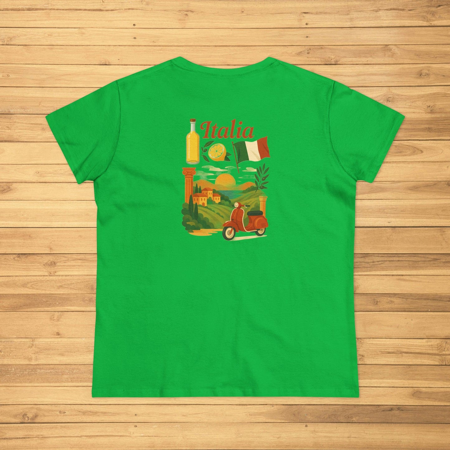 Unisex Ultra Cotton Tee with Italian Heritage Design in green, showcasing a colorful Italian landscape graphic, perfect for casual outings and celebrating Italian heritage.