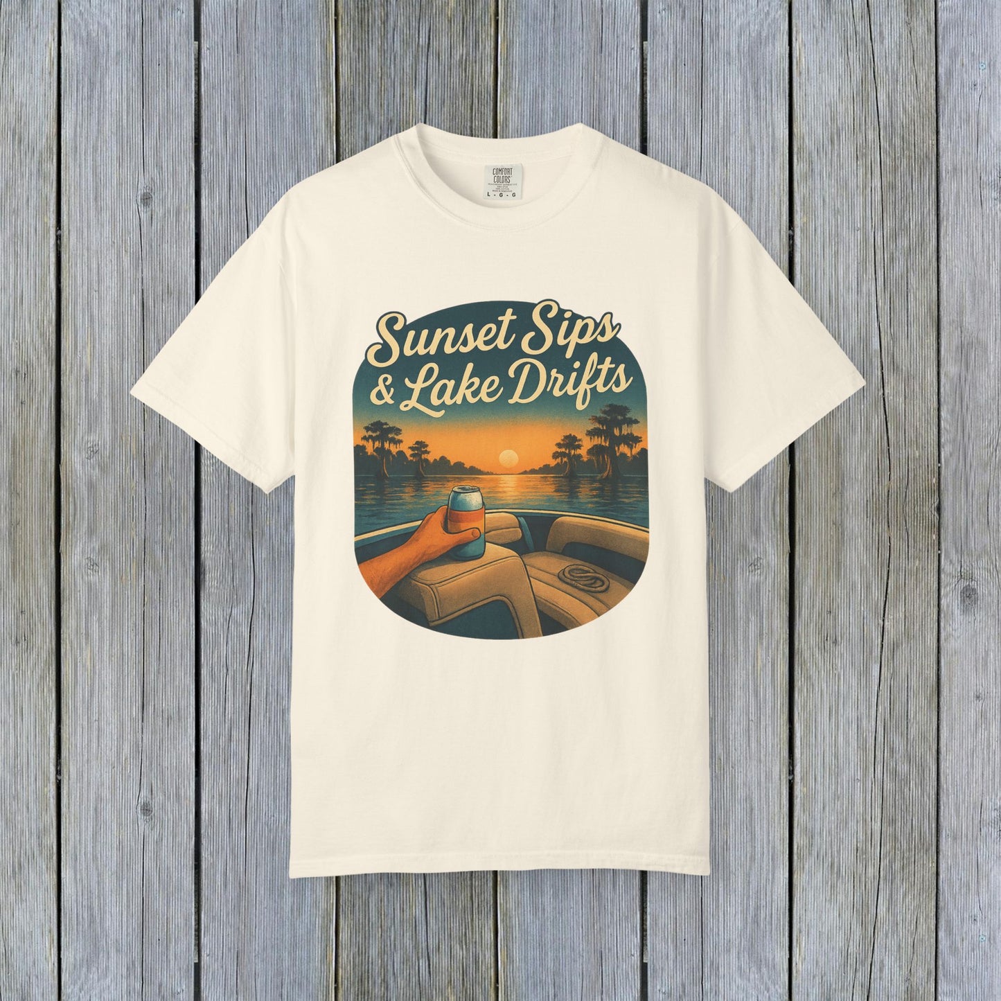 Lake Drifts T-Shirt in cream color showcasing a sunset design, ideal for summer outings.