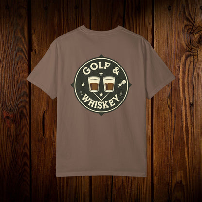 Men's Golf & Whiskey Tee featuring a trendy back graphic with whiskey and golf motifs on a natural-colored shirt, a great choice for golf and whiskey enthusiasts.