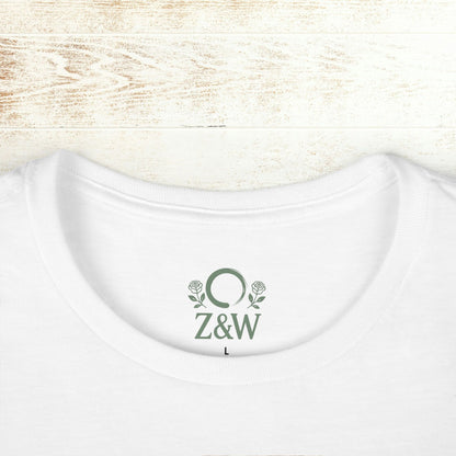No Bad Vibes Tee - Close-up of the neckline on a white t-shirt featuring a ribbed collar and brand logo, showcasing its sustainable fabric.
