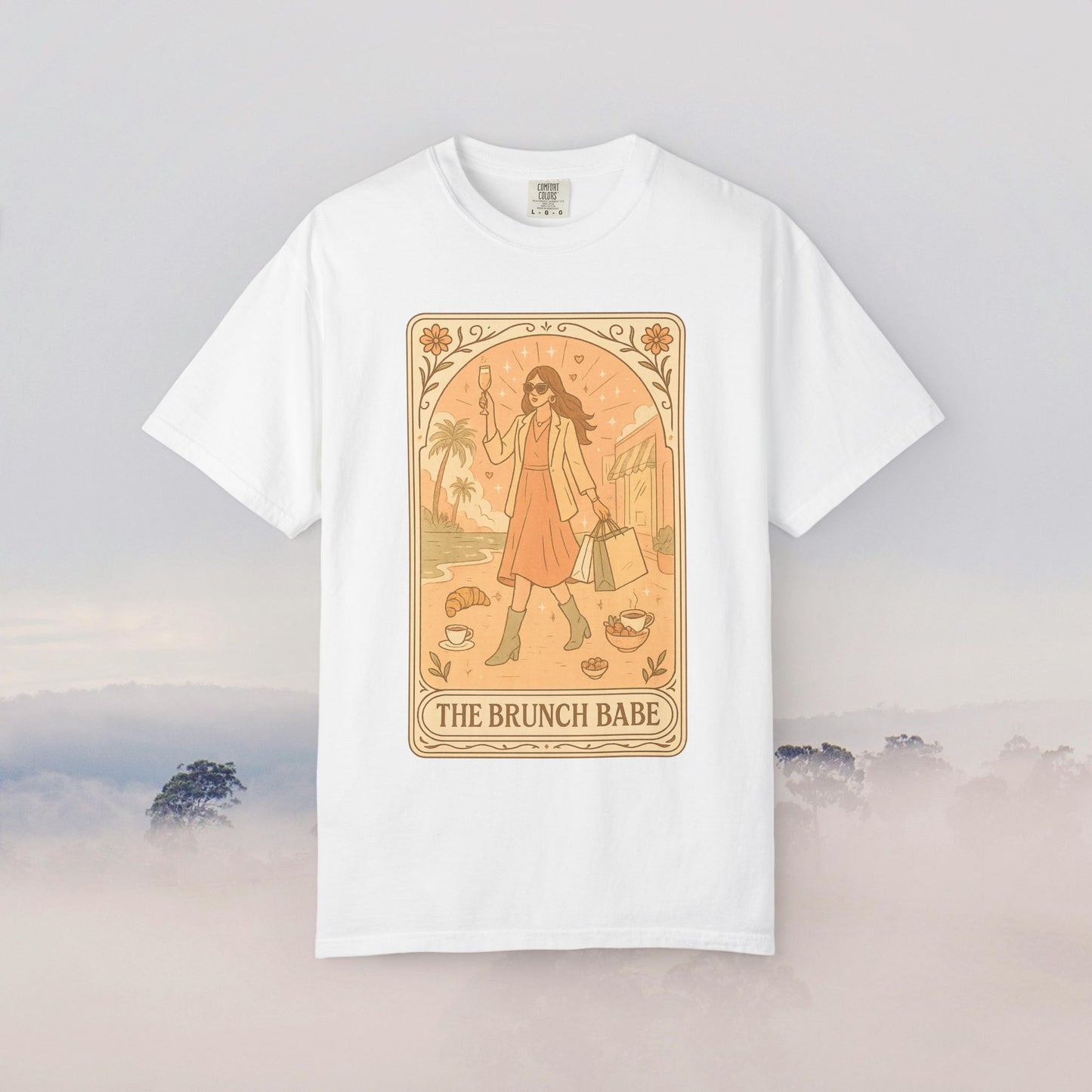 Brunch Babe Tarot Graphic Tee in classic white, made from 100% cotton, comfortable and stylish for casual occasions, available in sizes S-4XL.