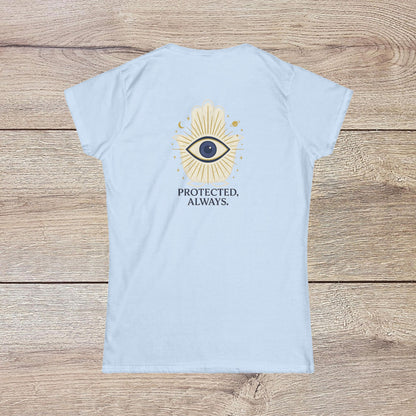Ladies' V-Neck T-Shirt - Comfortable 100% Cotton Tee with a light blue fabric displaying an eye and hand graphic design on the back, symbolizing protection and positivity.